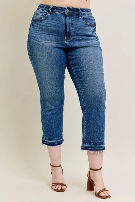 JUDY BLUE FULL SIZE HW VINTAGE WASH RELEASE HEM KICK FLARE JEANS PLUS SIZE