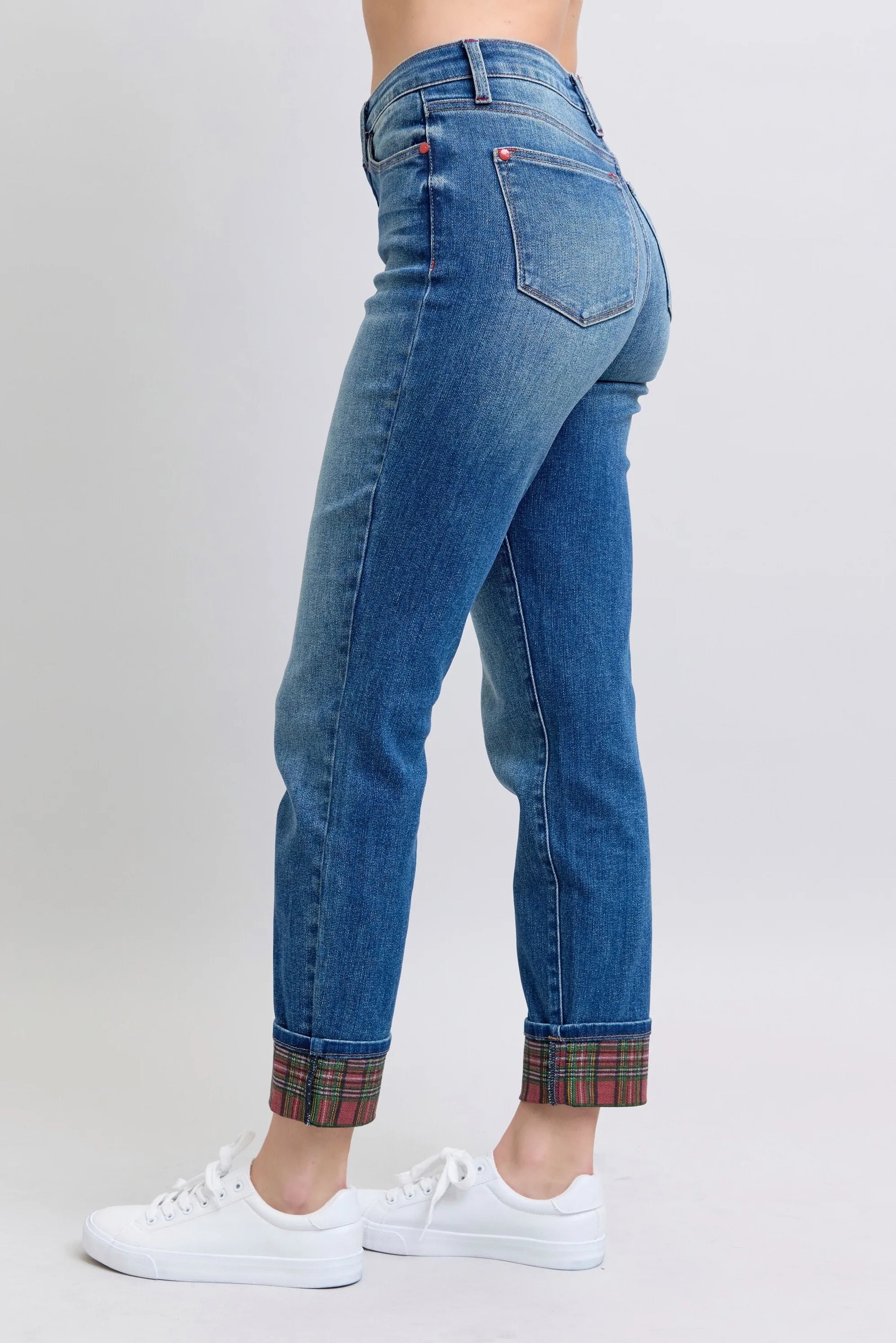 JUDY BLUE FULL SIZE MR PLAID PRINT CUFF BF JEANS PLUS SIZE
