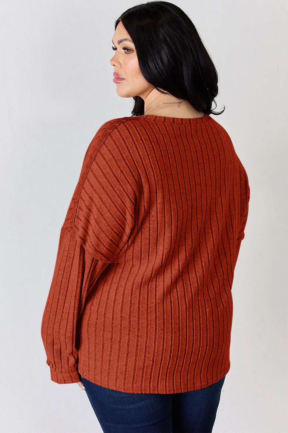 BASIC BAE FULL SIZE RIBBED HALF BUTTON LONG SLEEVE T-SHIRT