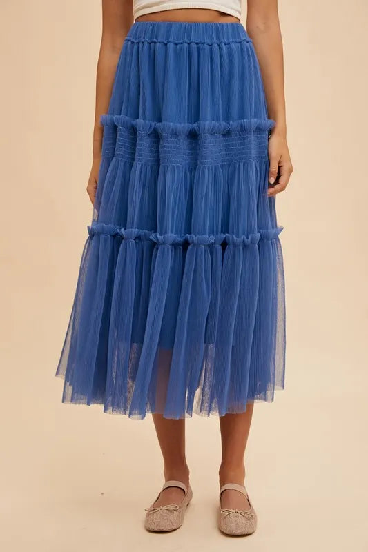ANNIE WEAR TULLE TIERED MIDI SKIRT