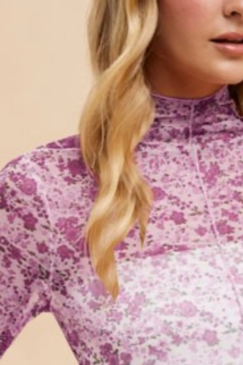 ANNIE WEAR FLORAL LETTUCE HEM SHEER MESH TOP