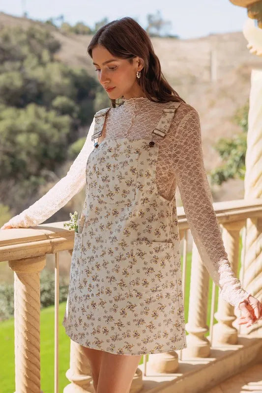 ANNIE WEAR STRETCH DITSY PRINT DENIM OVERALL MINI DRESS