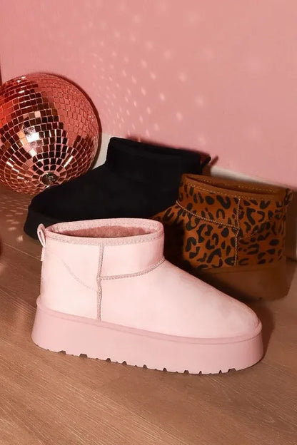 WILD DIVA LEOPARD SUEDE ROUND TOE PLATFORM BOOTIES