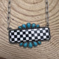 Checkered Bar Necklace with Faux Turquoise - 18 inch necklace