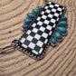 Checkered Bar Necklace with Faux Turquoise - 18 inch necklace