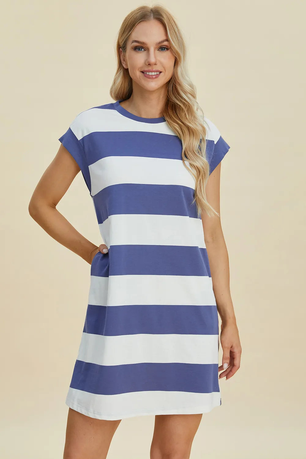 BASIC BAE FULL SIZE STRIPED ROUND NECK CAP SLEEVE MINI DRESS