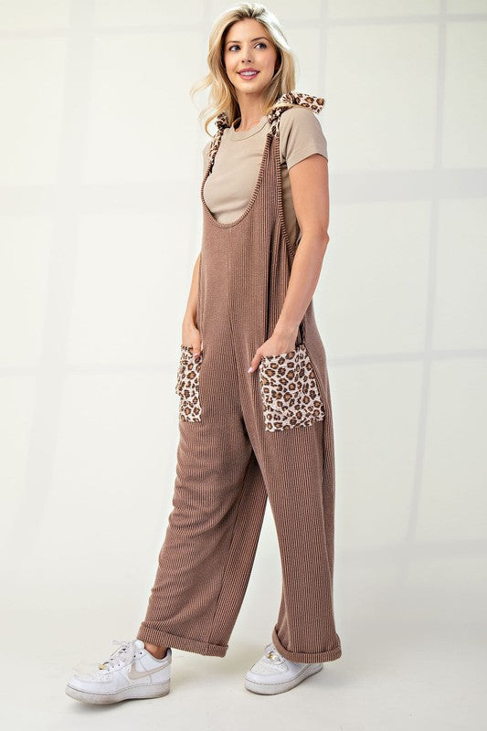 CELESTE FULL SIZE RIBBED LEOPARD TIED SHOULDER OVERALLS