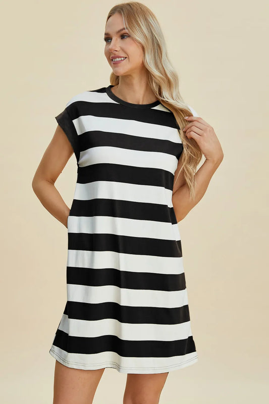 BASIC BAE FULL SIZE STRIPED ROUND NECK CAP SLEEVE MINI DRESS