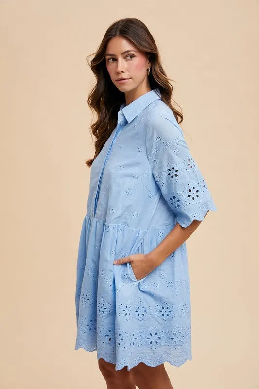 ANNIE WEAR EMBROIDERED SCALLOP EDGE DETAIL MINI SHIRT DRESS