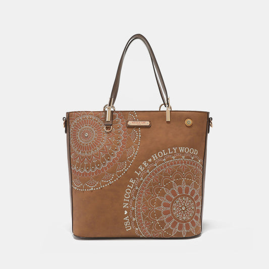 NICOLE LEE USA METALLIC STITCHING EMBROIDERY INLAID RHINESTONE TOTE BAG