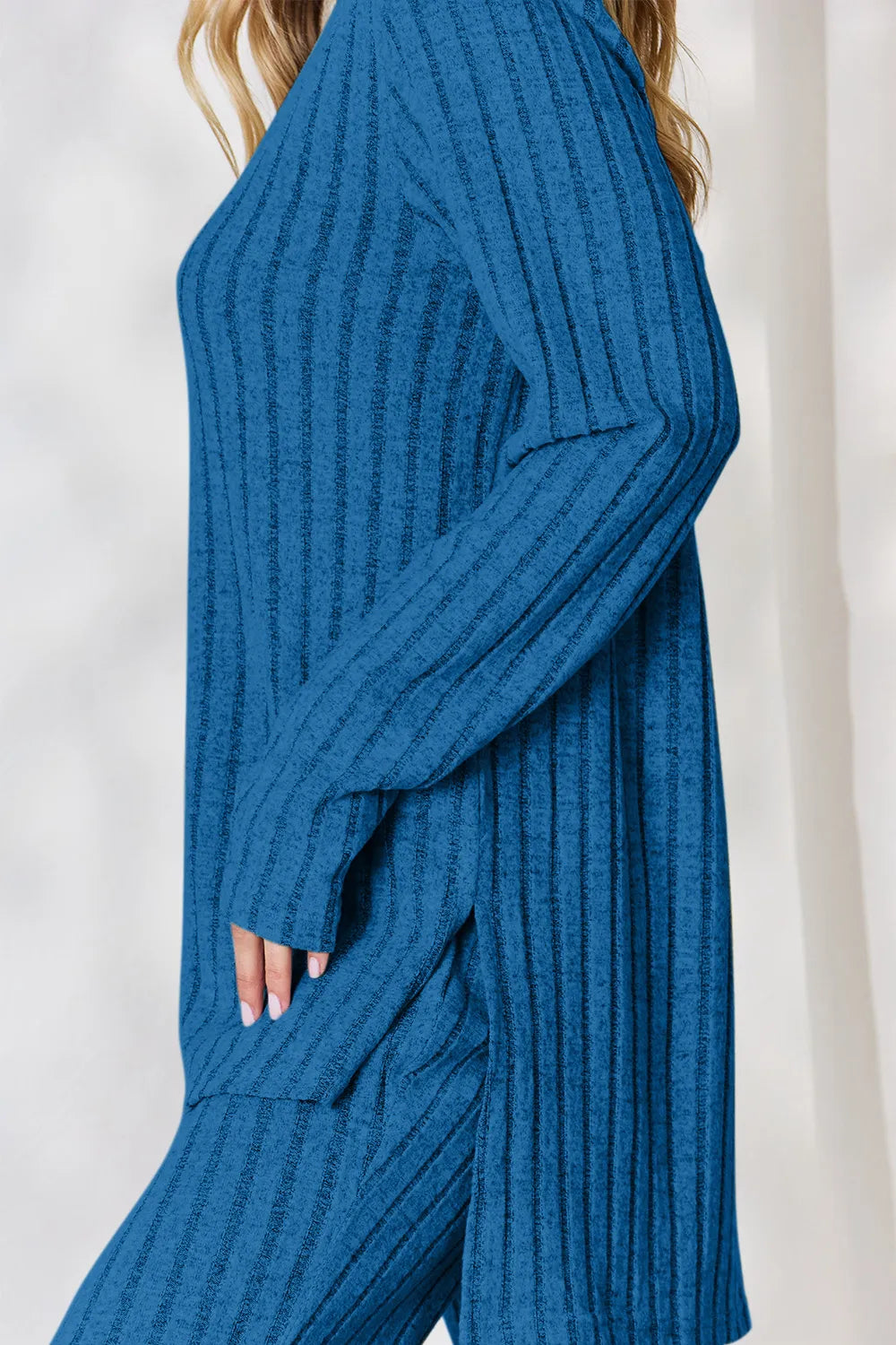 BASIC BAE FULL SIZE RIBBED HIGH-LOW TOP AND WIDE LEG PANTS SET