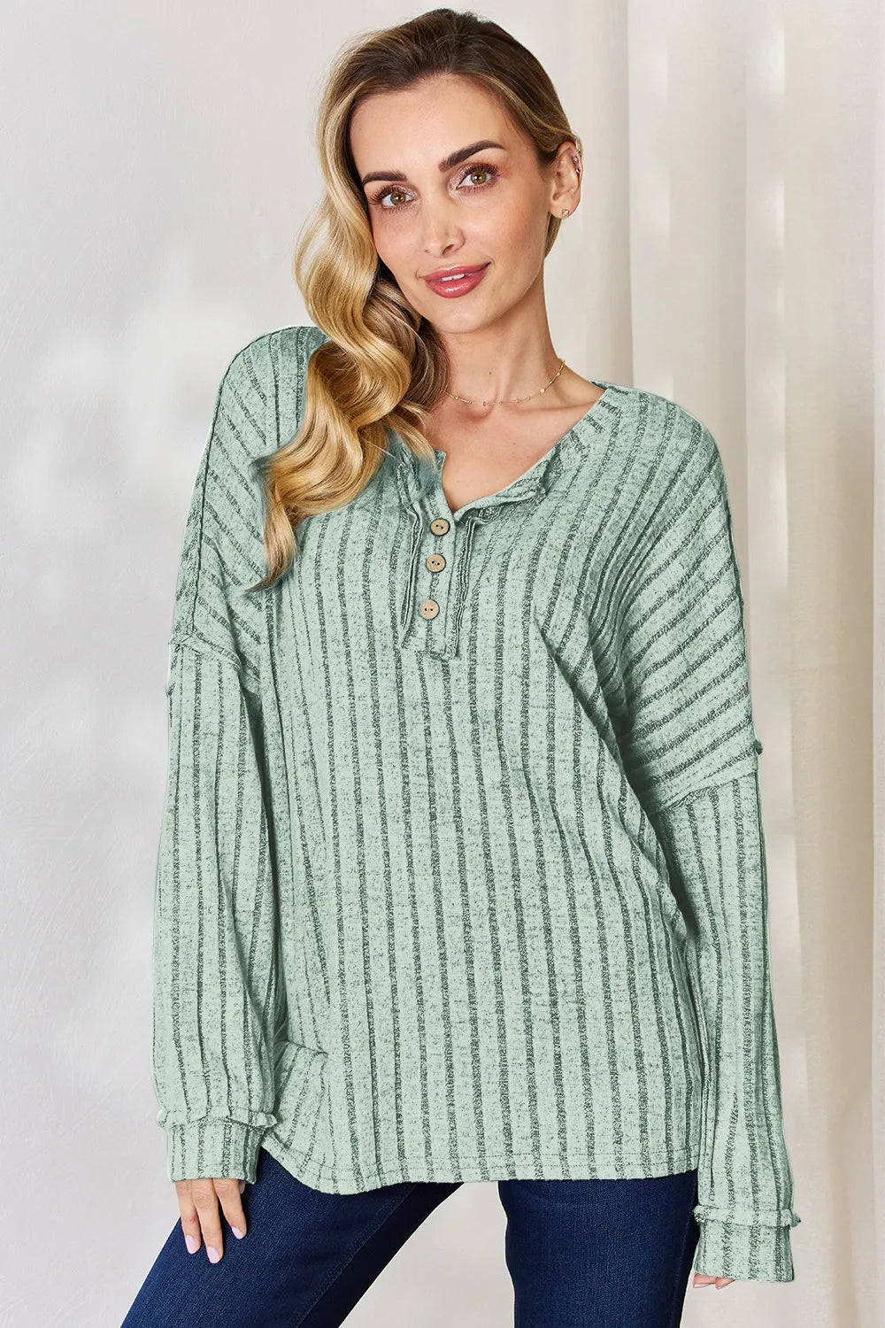 BASIC BAE FULL SIZE RIBBED HALF BUTTON LONG SLEEVE T-SHIRT