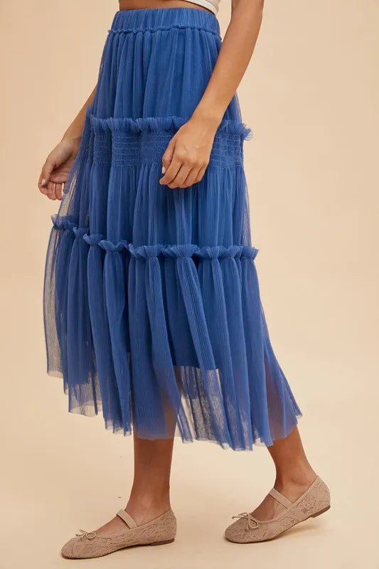 ANNIE WEAR TULLE TIERED MIDI SKIRT