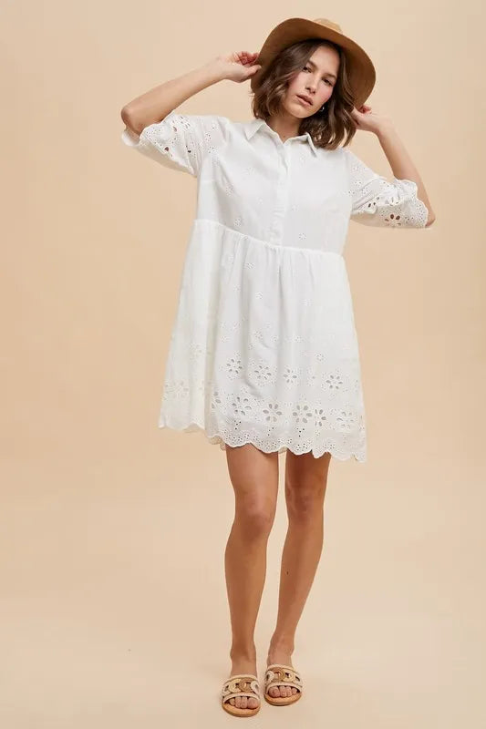 ANNIE WEAR EMBROIDERED SCALLOP EDGE DETAIL MINI SHIRT DRESS