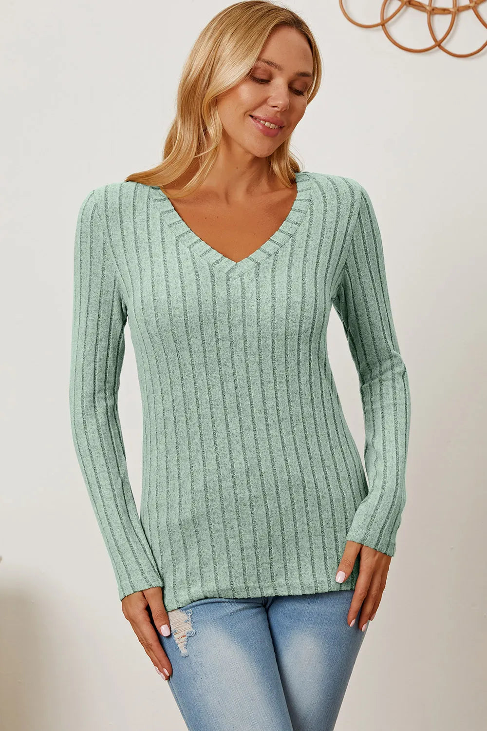 BASIC BAE FULL SIZE RIBBED V-NECK LONG SLEEVE T-SHIRT