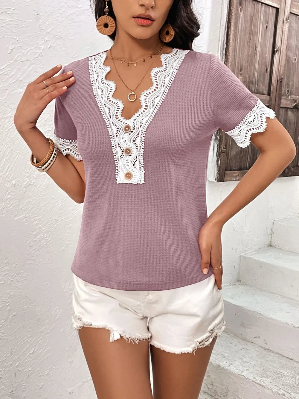 IVY LANE LACE DETAIL V-NECK SHORT SLEEVE T-SHIRT