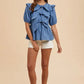 ANNIE WEAR STRIPE FRONT BOW DENIM PEPLUM BLOUSE