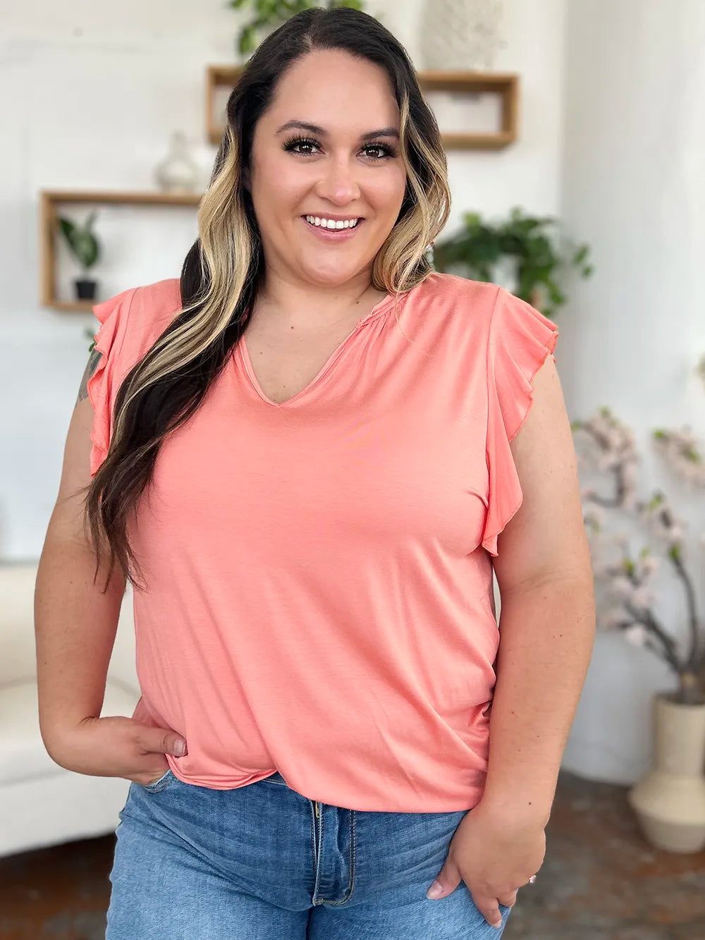 BASIC BAE FULL SIZE BAMBOO NOTCHED RUFFLED SHORT SLEEVE T-SHIRT