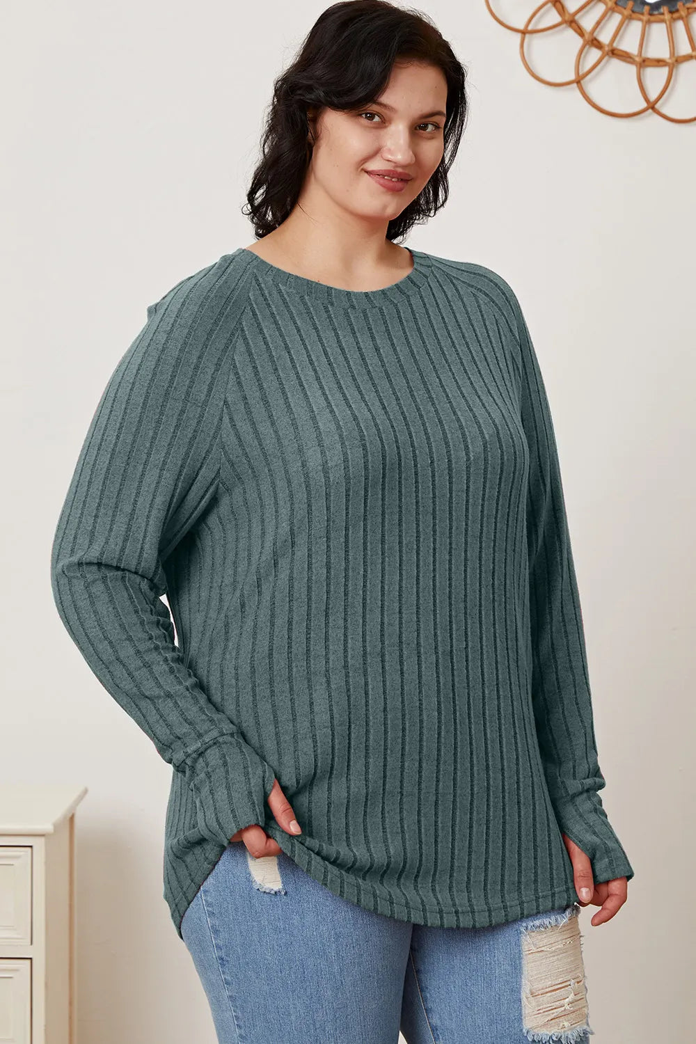 BASIC BAE FULL SIZE RIBBED THUMBHOLE SLEEVE T-SHIRT