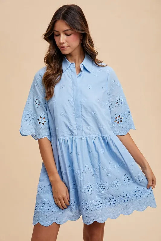 ANNIE WEAR EMBROIDERED SCALLOP EDGE DETAIL MINI SHIRT DRESS