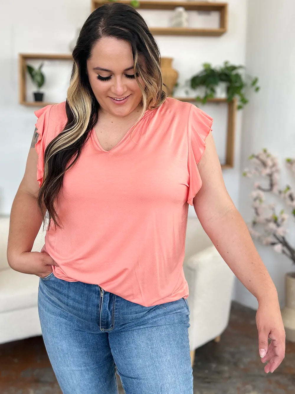 BASIC BAE FULL SIZE BAMBOO NOTCHED RUFFLED SHORT SLEEVE T-SHIRT