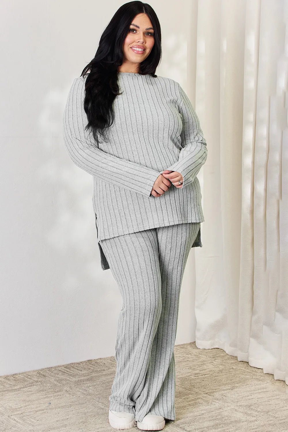 BASIC BAE FULL SIZE RIBBED HIGH-LOW TOP AND WIDE LEG PANTS SET