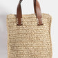 FAME FAUX LEATHER HANDLE STRAW BRAIDED HANDBAG