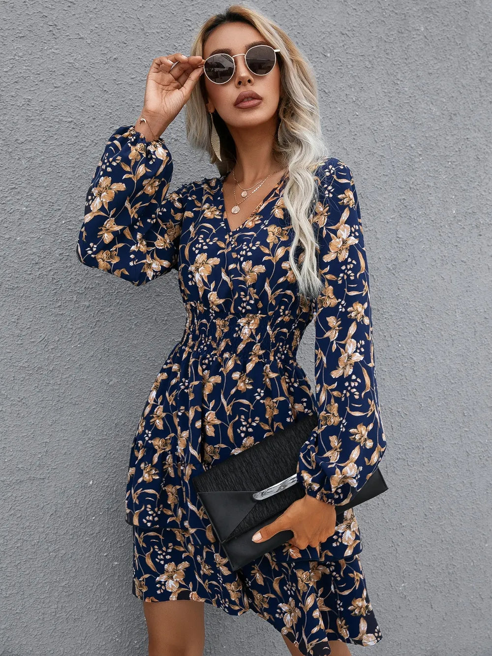 IVY LANE FLORAL LAYERED SURPLICE BALLOON SLEEVE DRESS
