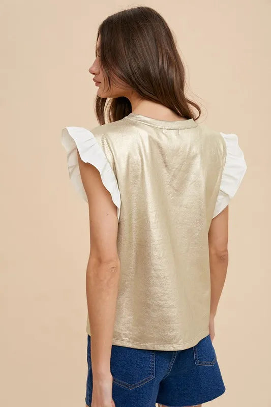 ANNIE WEAR MIX MEDIA METALLIC KNIT RUFFLE SLEEVE TOP