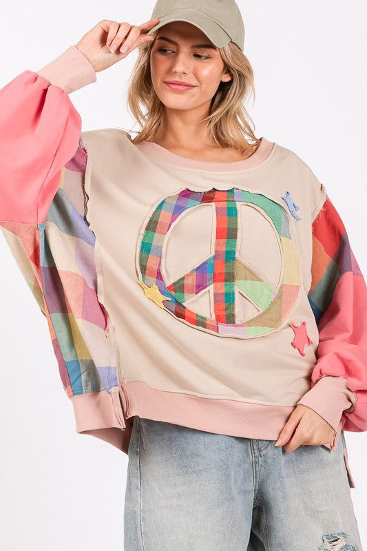 SAGE + FIG FULL SIZE CONTRAST PEACE PATCH DROPPED SHOULDER SWEATSHIRT