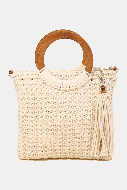 FAME CROCHET KNIT CONVERTIBLE TOTE BAG WITH TASSEL