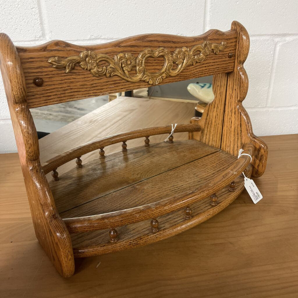 DECORATIVE OAK WOOD MIRRORED WALL SHELF-Thriftique Marketplace