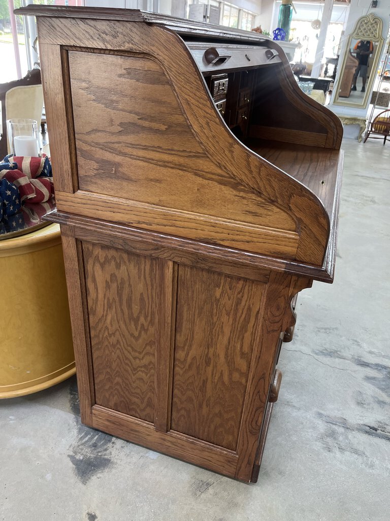 DEDEAUX CLAN SOLID WOOD OAK ROLL TOP DESK-Thriftique Marketplace