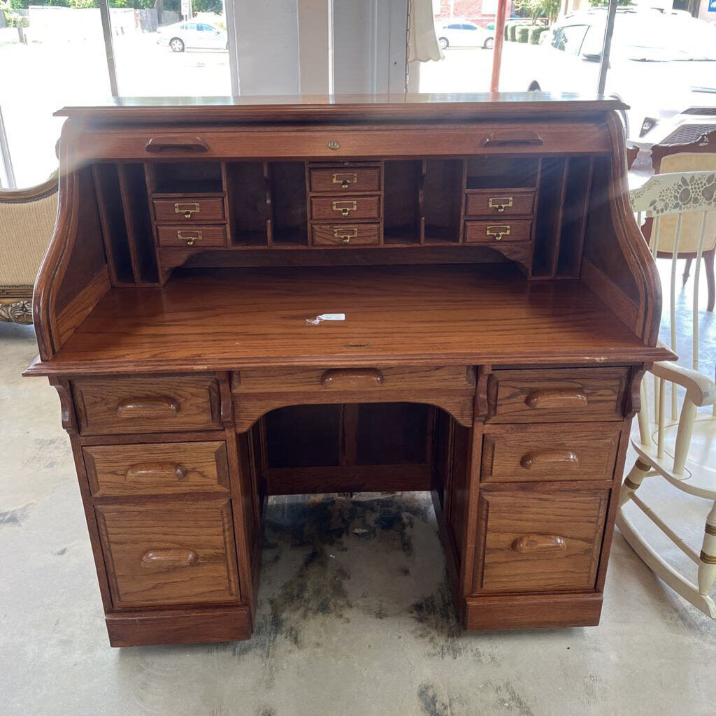 DEDEAUX CLAN SOLID WOOD OAK ROLL TOP DESK-Thriftique Marketplace