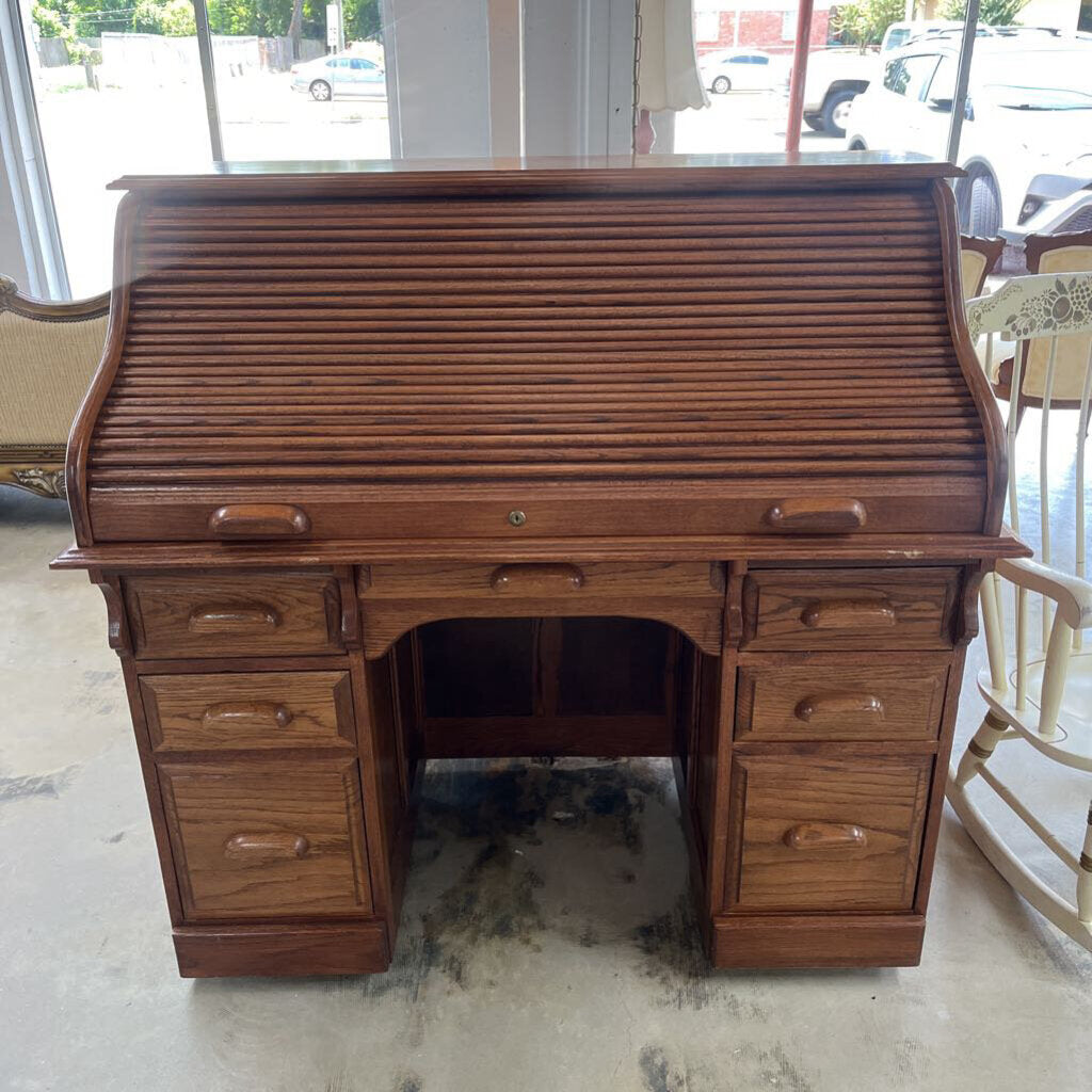 DEDEAUX CLAN SOLID WOOD OAK ROLL TOP DESK-Thriftique Marketplace