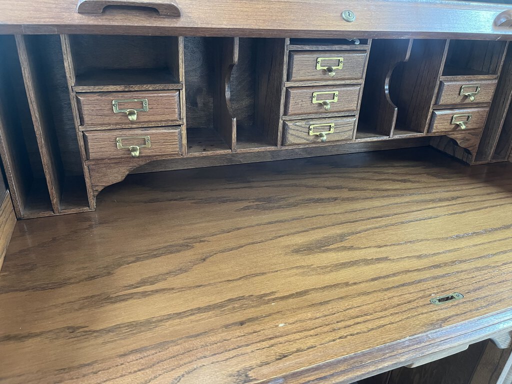 DEDEAUX CLAN SOLID WOOD OAK ROLL TOP DESK-Thriftique Marketplace