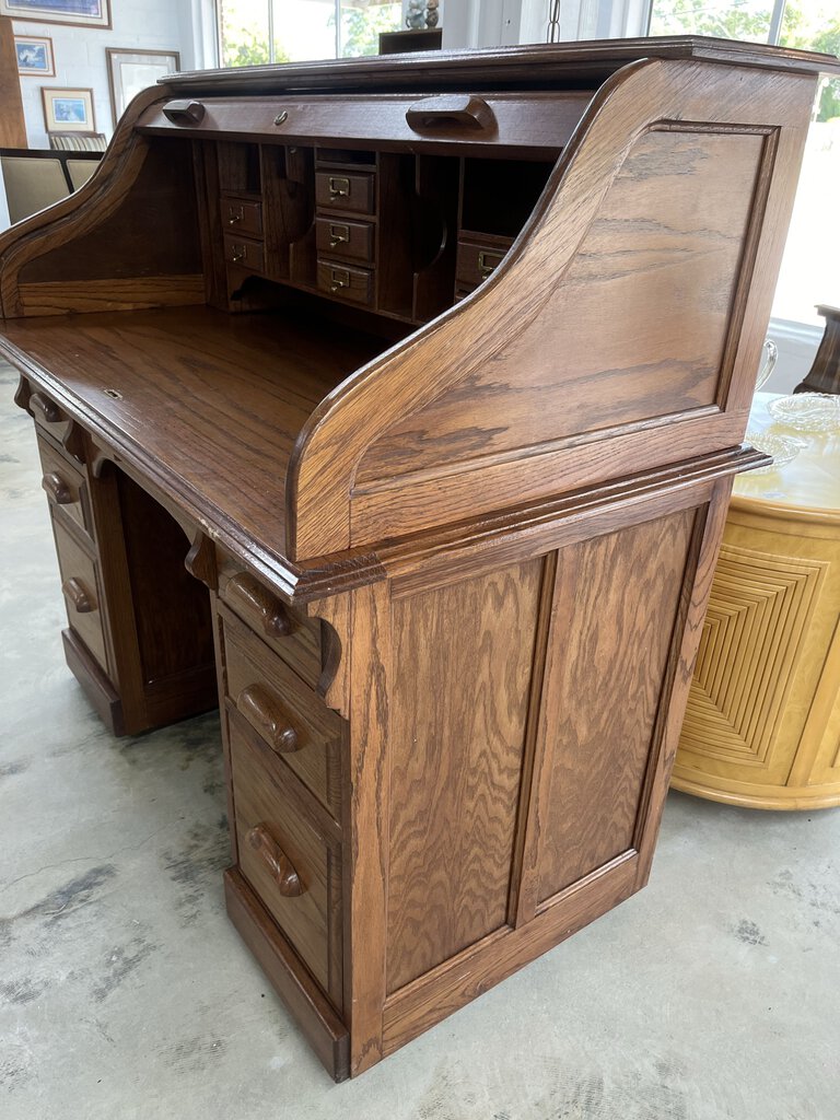 DEDEAUX CLAN SOLID WOOD OAK ROLL TOP DESK-Thriftique Marketplace