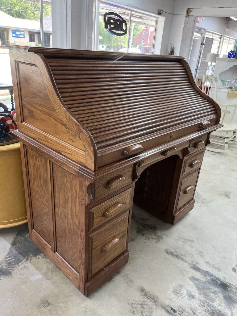 DEDEAUX CLAN SOLID WOOD OAK ROLL TOP DESK-Thriftique Marketplace