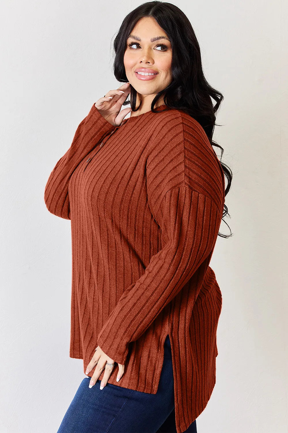 BASIC BAE FULL SIZE RIBBED HALF BUTTON LONG SLEEVE HIGH-LOW T-SHIRT