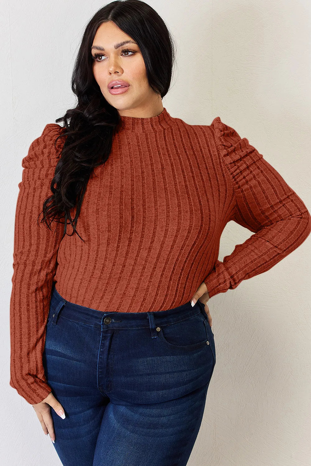 BASIC BAE FULL SIZE RIBBED MOCK NECK PUFF SLEEVE T-SHIRT