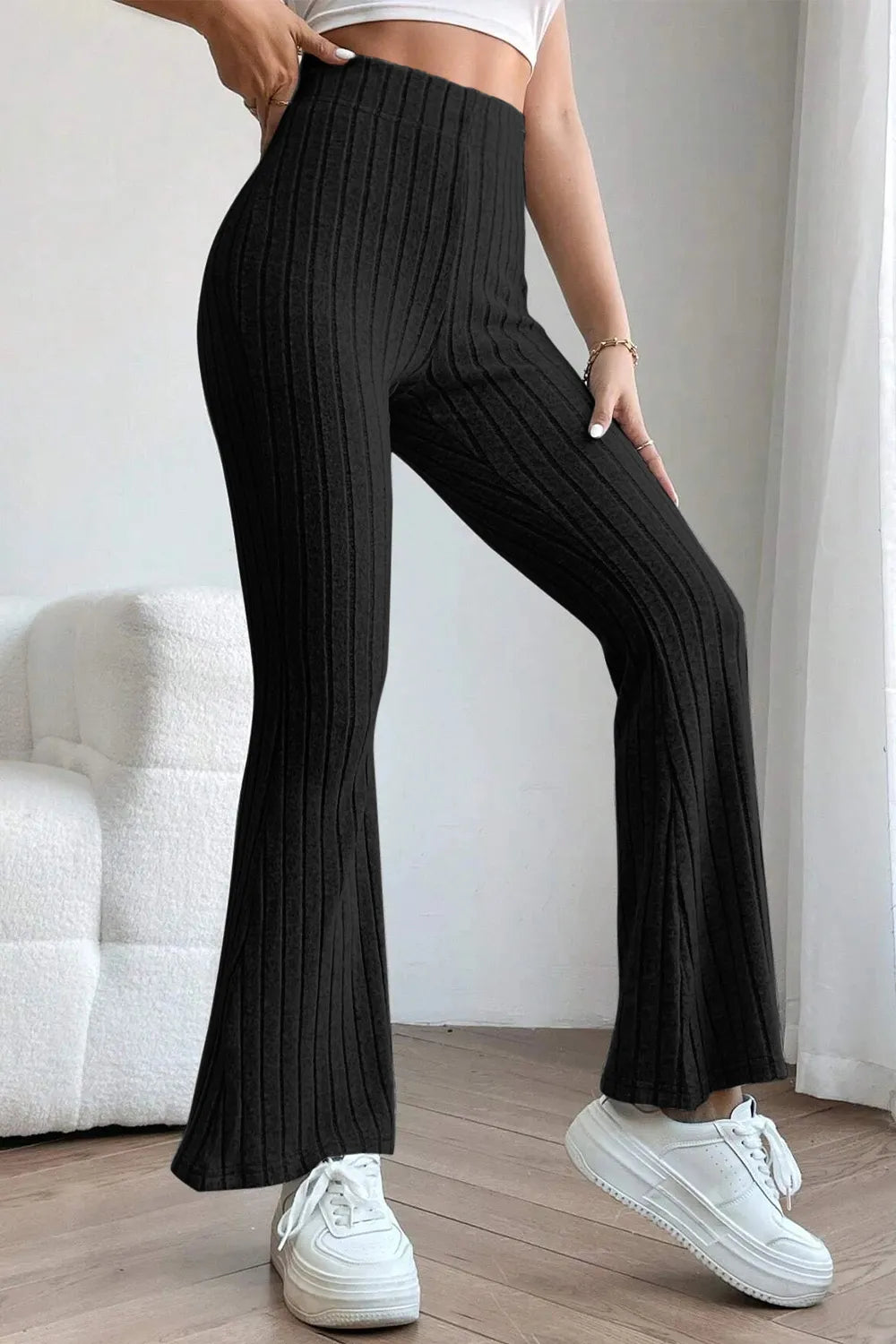 BASIC BAE FULL SIZE RIBBED HIGH WAIST FLARE PANTS
