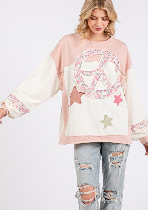 SAGE + FIG PEACE & STAR PATCH CONTRAST ROUND NECK SWEATSHIRT