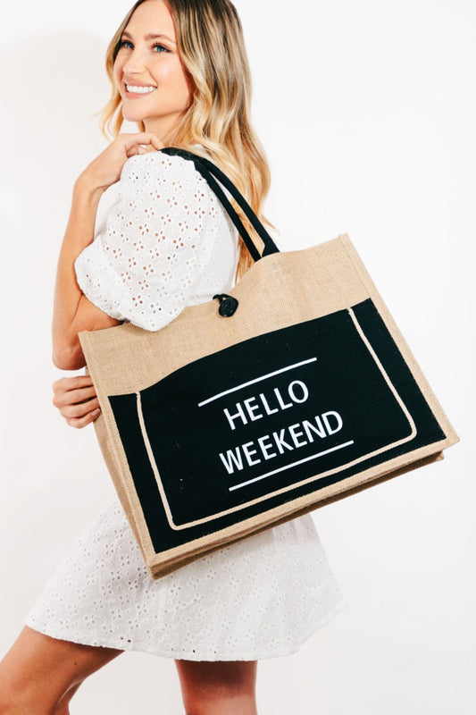 FAME HELLO WEEKEND BURLAP TOTE BAG