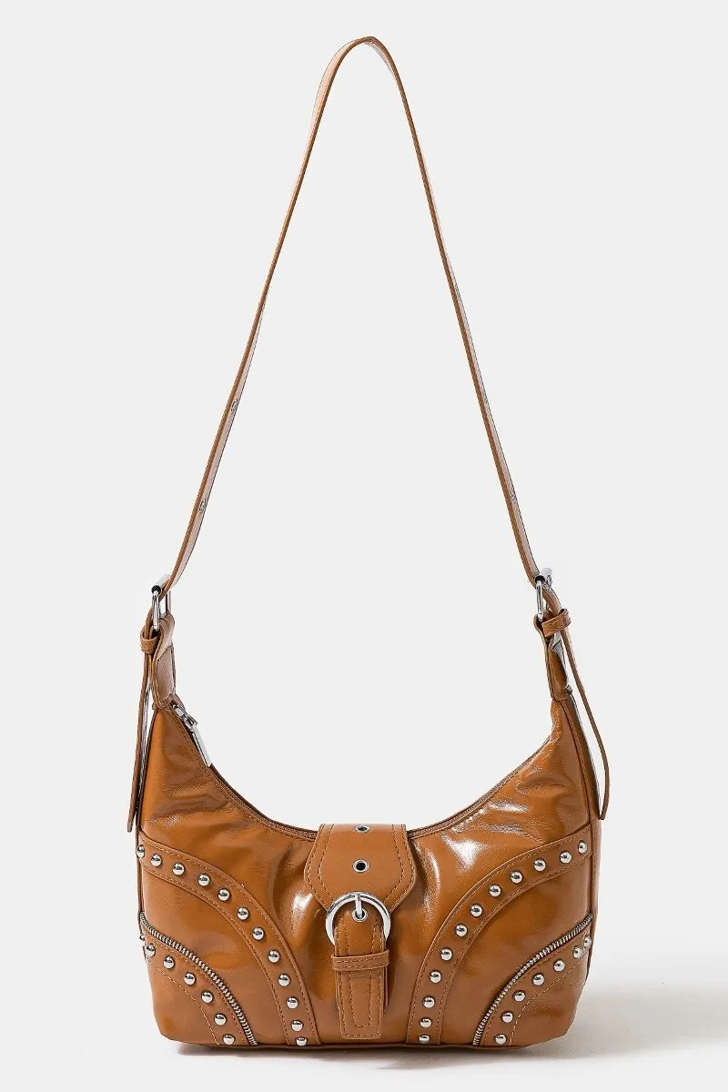 FAME FAUX LEATHER STUDDED TRIM SHOULDER BAG
