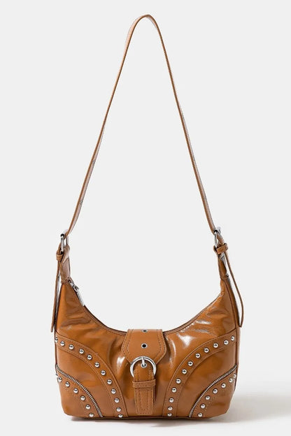 FAME FAUX LEATHER STUDDED TRIM SHOULDER BAG