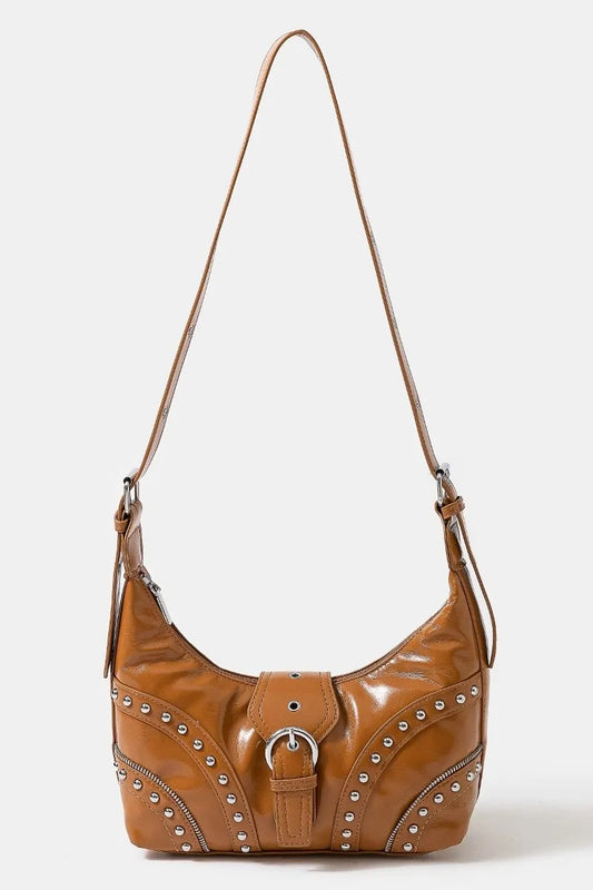 FAME FAUX LEATHER STUDDED TRIM SHOULDER BAG