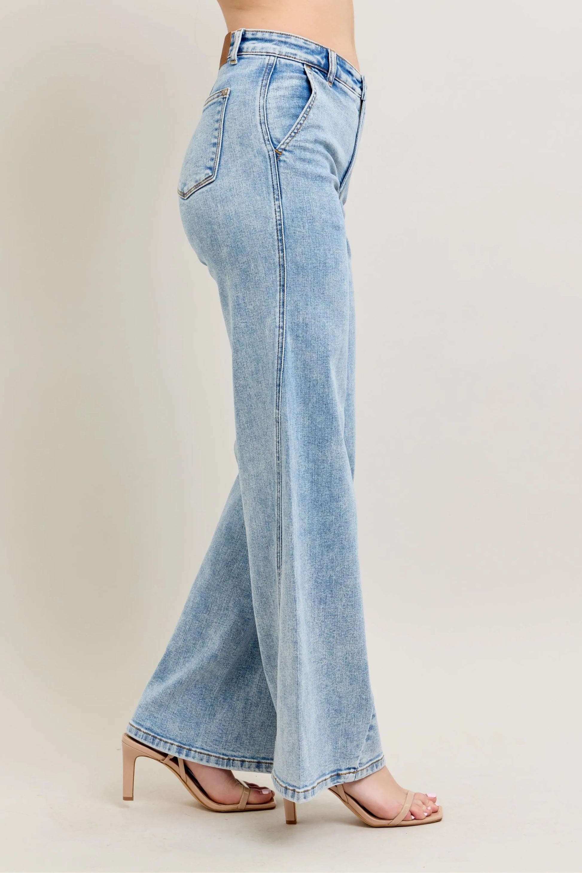 JUDY BLUE FULL SIZE HIGH WAIST WIDE LEG JEANS WITH SKEWED INSEAM PLUS SIZE
