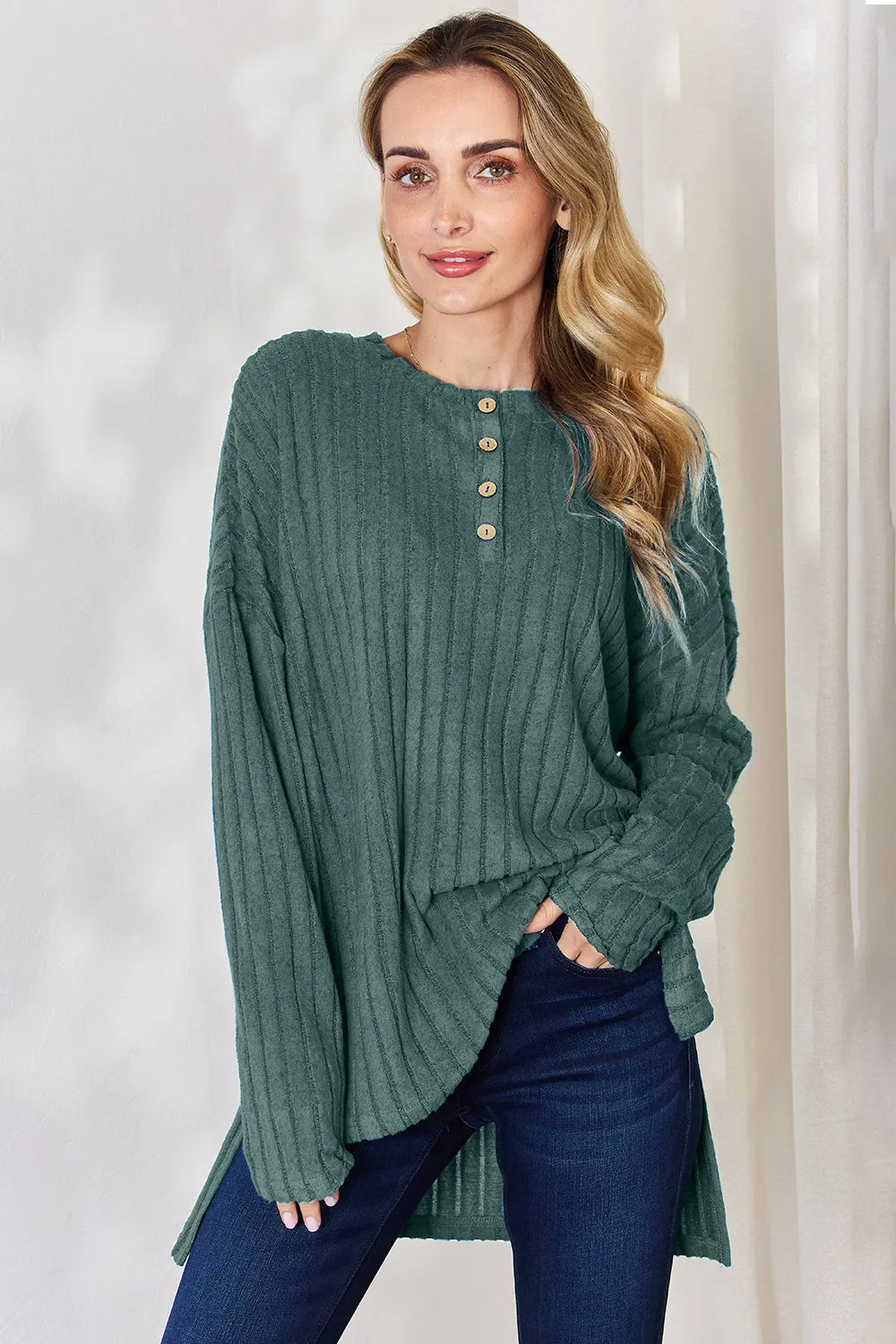 BASIC BAE FULL SIZE RIBBED HALF BUTTON LONG SLEEVE HIGH-LOW T-SHIRT