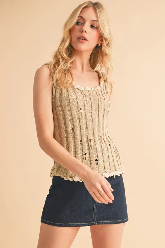 AEMI+CO DISTRESSED DETAIL ROUND NECK KNIT TANK
