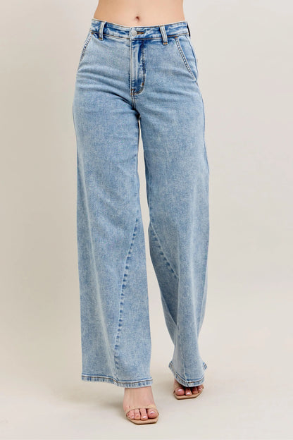 JUDY BLUE FULL SIZE HIGH WAIST WIDE LEG JEANS WITH SKEWED INSEAM PLUS SIZE